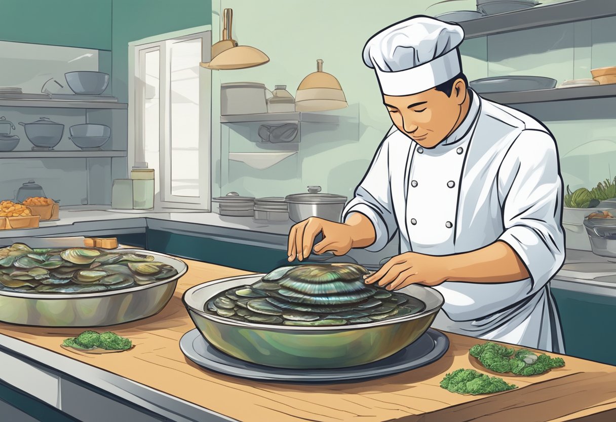 A chef cleans and tenderizes a live abalone, then slices it for a recipe