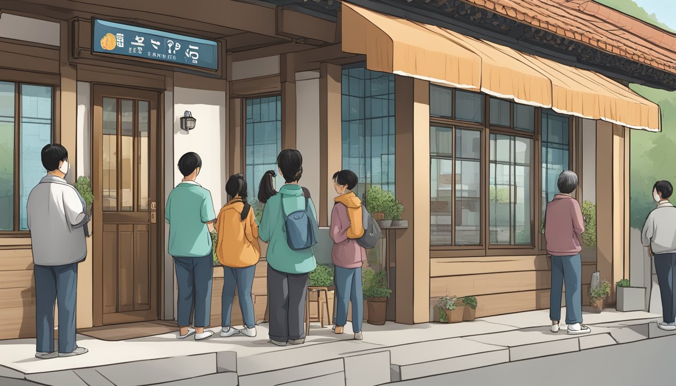Customers line up at the entrance of Kim's Korean restaurant, glancing at the "Frequently Asked Questions" sign before entering