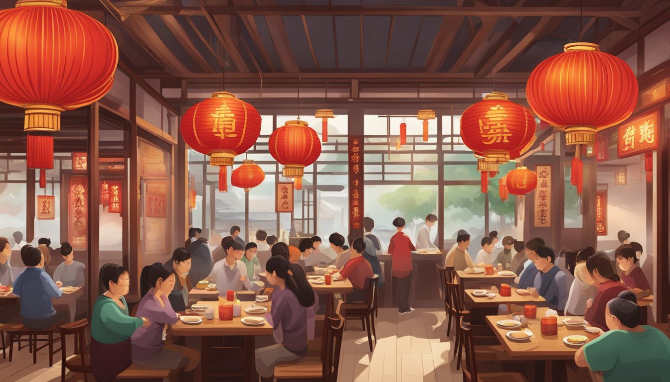 The bustling lai wah restaurant, adorned with red lanterns and wooden tables, filled with the aroma of sizzling woks and steaming dumplings