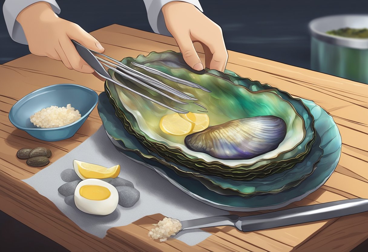 A live abalone is being carefully removed from its shell, then sliced and prepared with various ingredients for a gourmet recipe