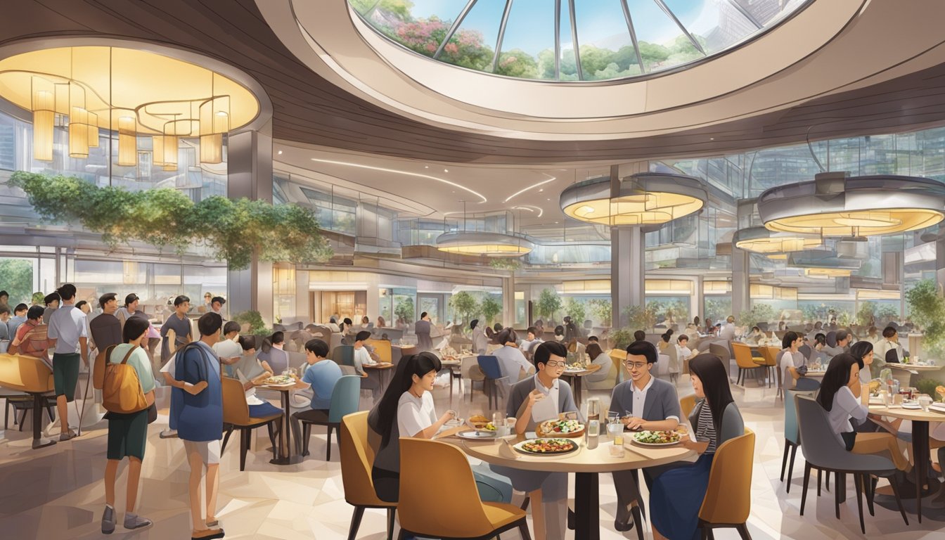 The bustling ion orchard restaurant, filled with diners enjoying their meals and the lively atmosphere