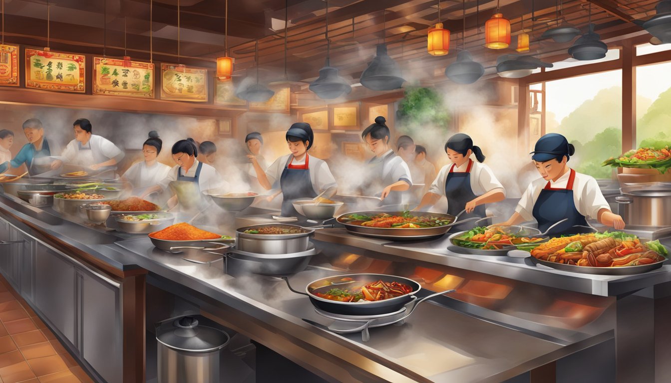 A bustling Chinese restaurant with steaming woks, sizzling grills, and colorful dishes lining the kitchen counters. The aroma of spices and sauces fills the air