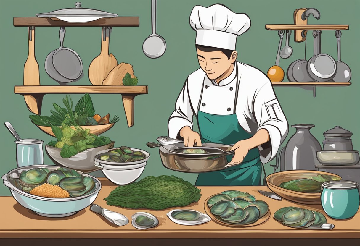 A chef prepares a live abalone dish, surrounded by fresh ingredients and cooking utensils. The abalone is being sliced and seasoned with care