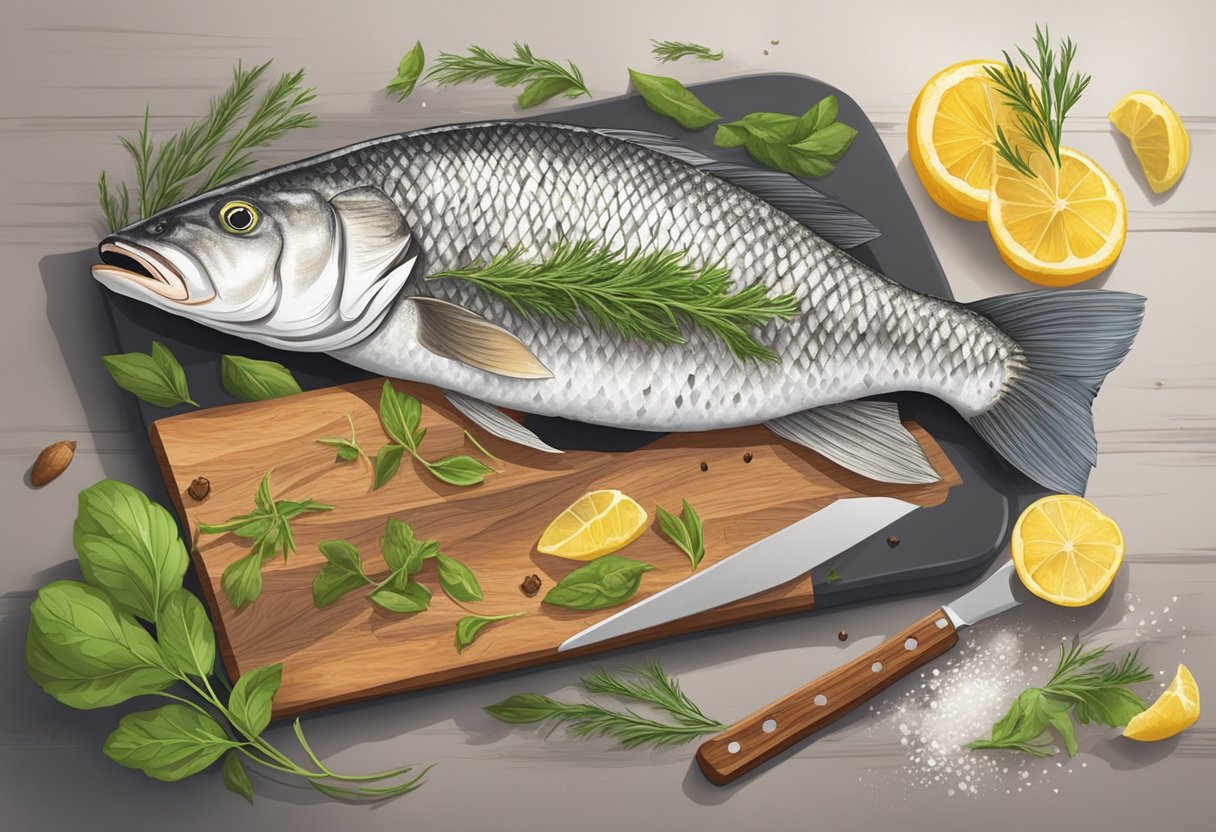 A chef seasons a barramundi fillet with herbs and spices before grilling it on a hot barbecue