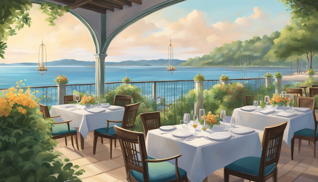 A serene estuary setting with a charming restaurant nestled among lush greenery, overlooking the calm waters. Tables are set with elegant place settings, and the scent of delicious cuisine fills the air