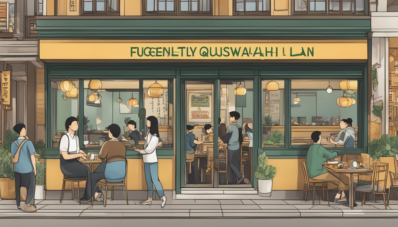 A bustling restaurant with a sign reading "Frequently Asked Questions lai wah restaurant" above the entrance. Customers coming and going, waiters serving food, and a lively atmosphere