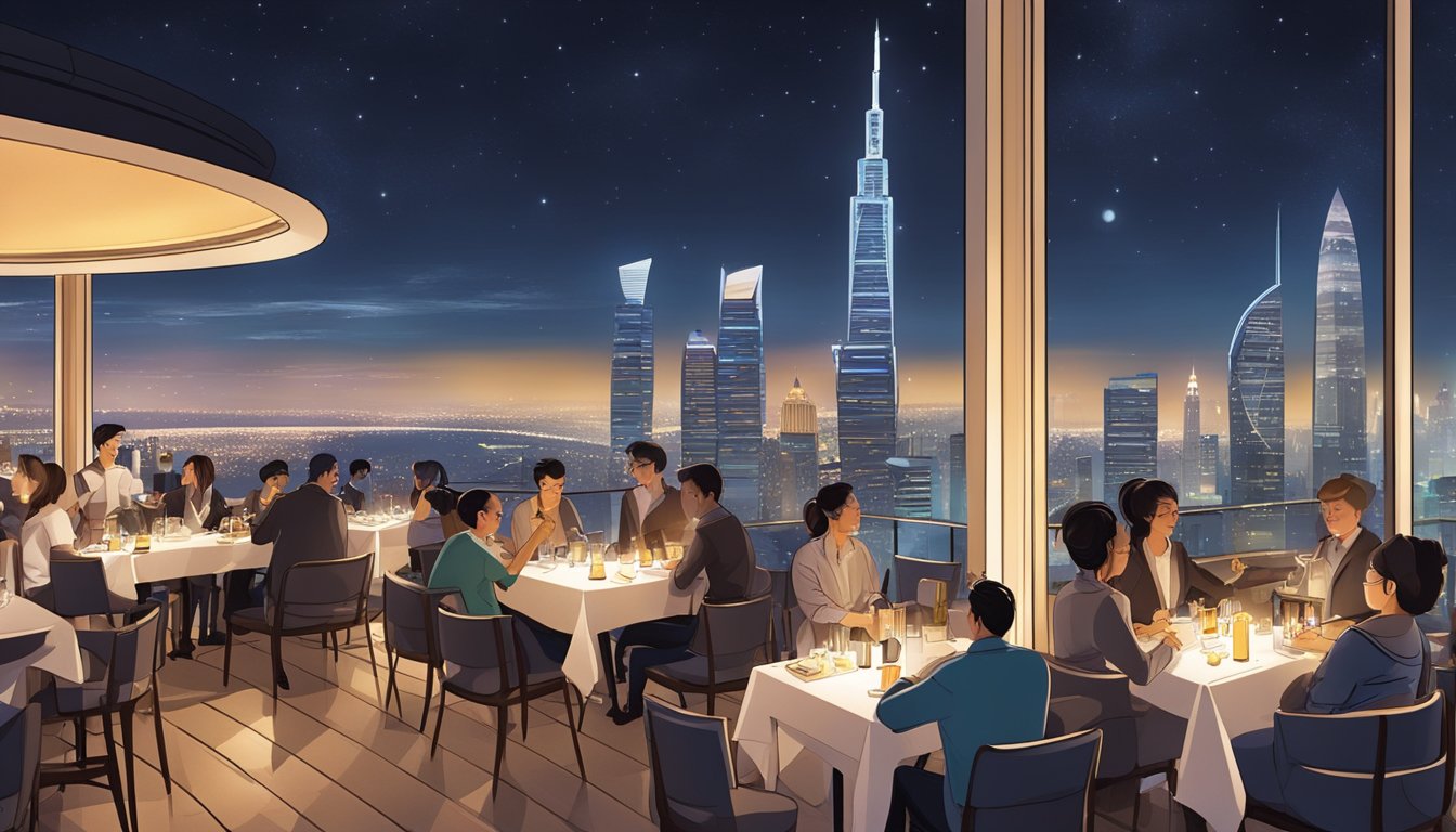 The rooftop restaurant at MBS bustles with diners under the night sky, surrounded by city lights and a panoramic view