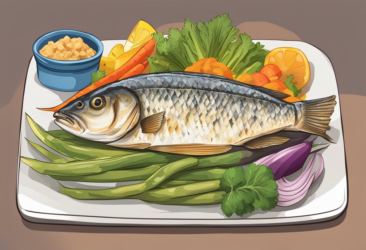 A plate of grilled barramundi fish with a side of colorful vegetables, accompanied by a printed card displaying the nutritional information and health benefits of the dish