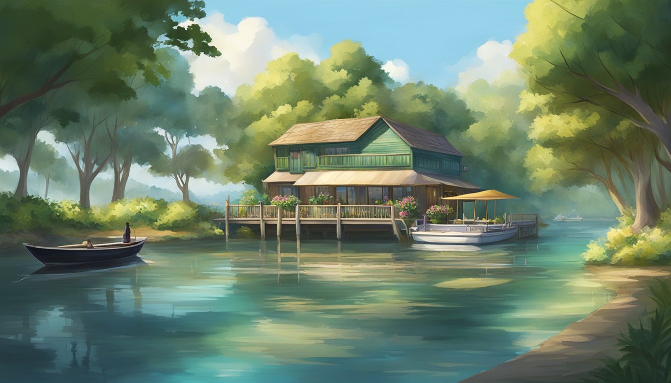 A serene estuary with a docked boat, surrounded by lush greenery and calm waters, with a quaint restaurant nestled among the trees