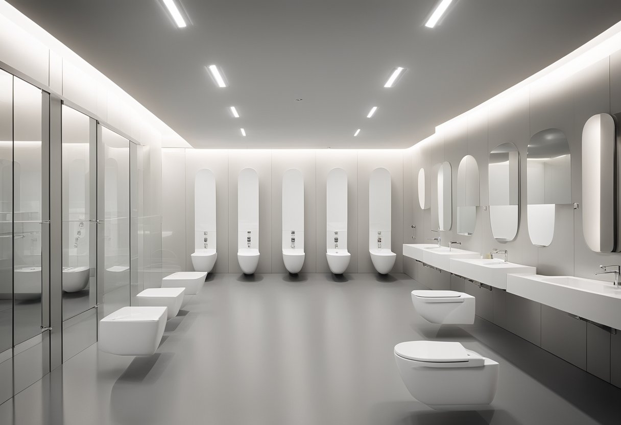 A spacious, modern factory toilet with clean, white ceramic fixtures, bright lighting, and a sleek, minimalist design