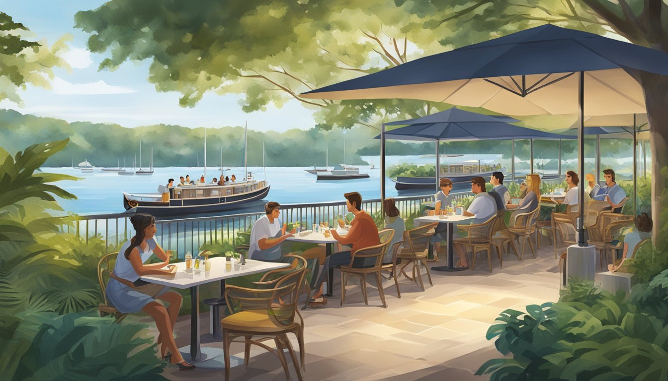 A bustling estuary restaurant with outdoor seating, surrounded by lush greenery and overlooking the tranquil water. Customers enjoy their meals as boats pass by in the distance