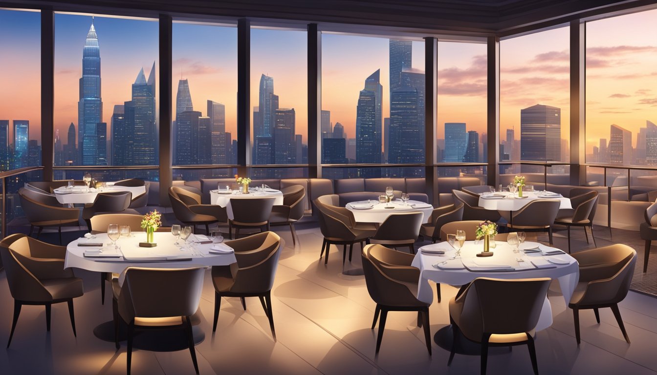The rooftop restaurant at MBS exudes a modern and luxurious ambiance with sleek furniture, ambient lighting, and panoramic views of the city skyline