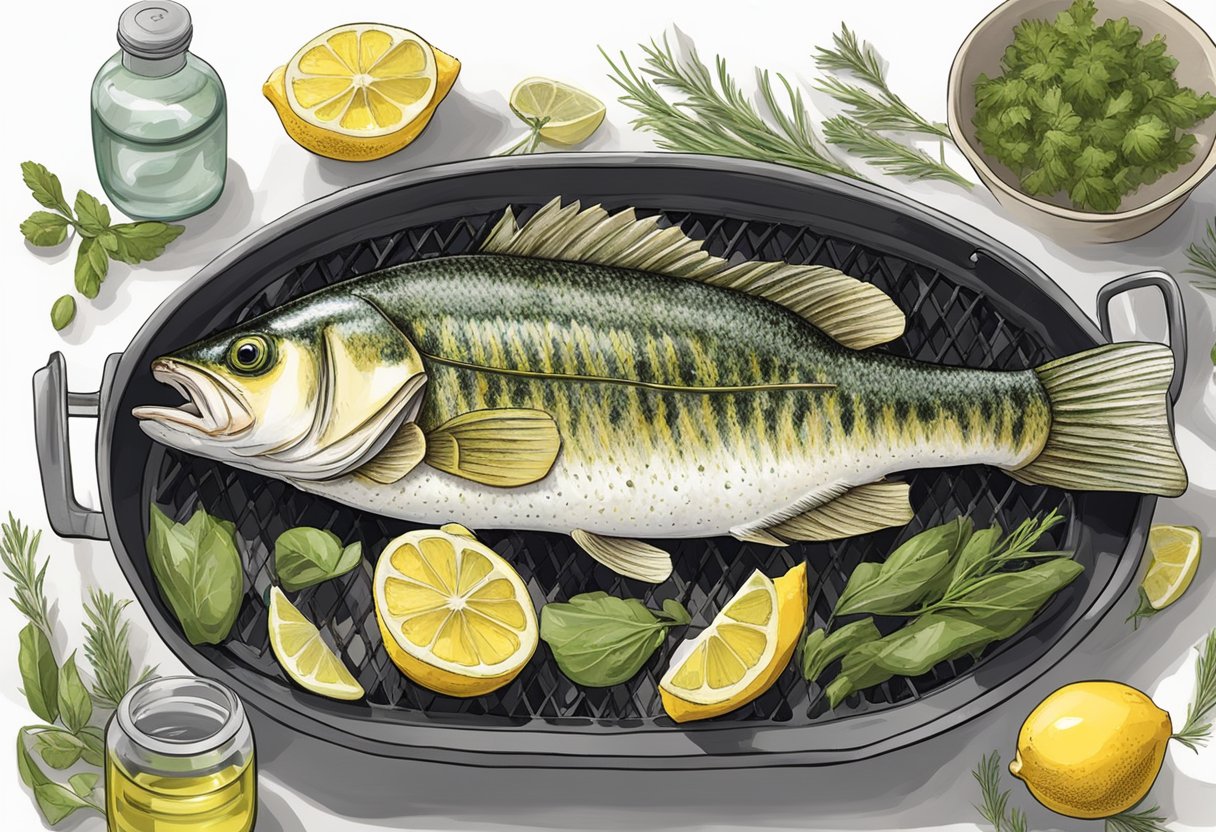 A bass fish being cleaned, seasoned, and placed on a grill. Ingredients such as herbs, lemon, and olive oil are visible