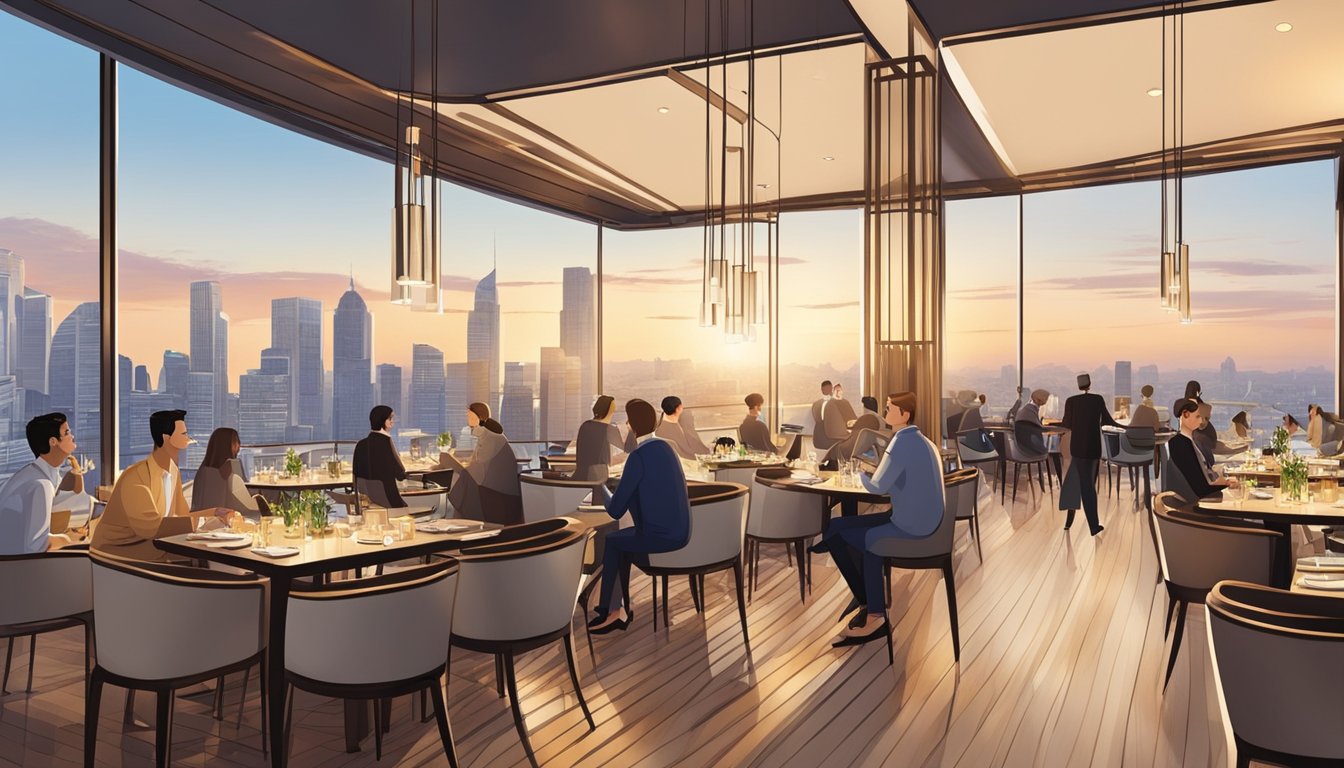 The rooftop restaurant at Gastronomic Delights MBS is bustling with diners enjoying a panoramic view of the city skyline while savoring exquisite dishes