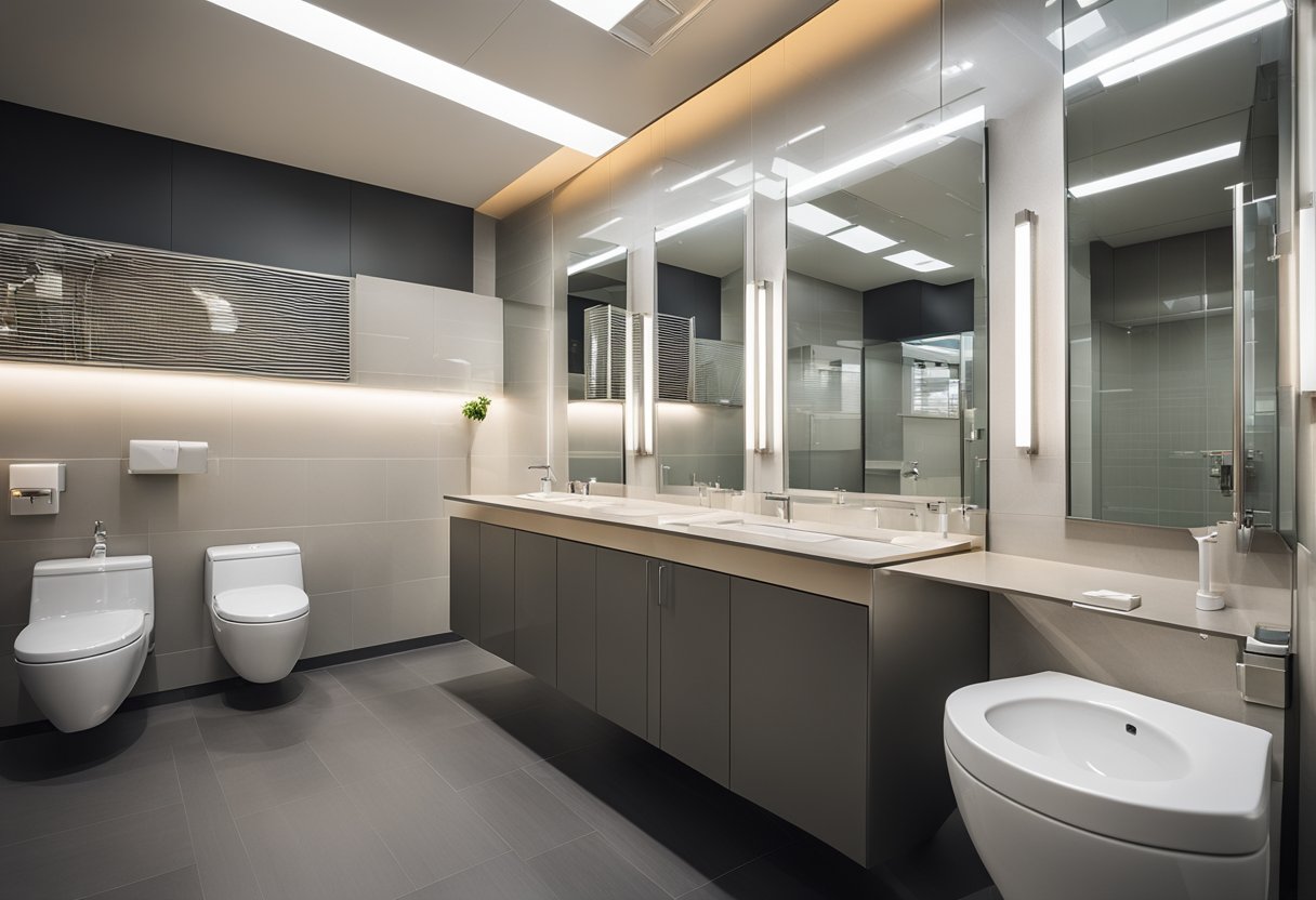 The factory toilet has clean, modern fixtures, with neutral colors and ample lighting. The space is well-ventilated and includes accessible features