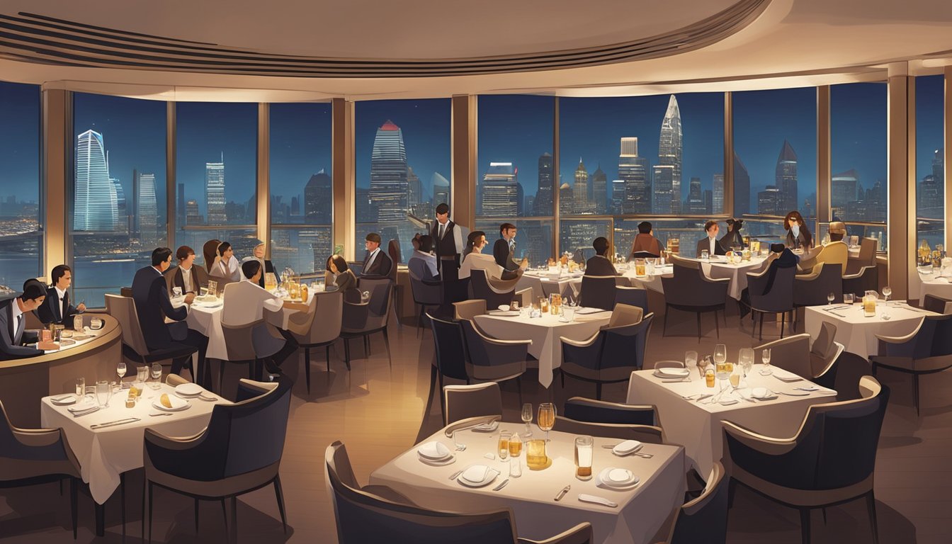 The rooftop restaurant at MBS bustles with diners, offering panoramic views of the city skyline and a warm, inviting atmosphere
