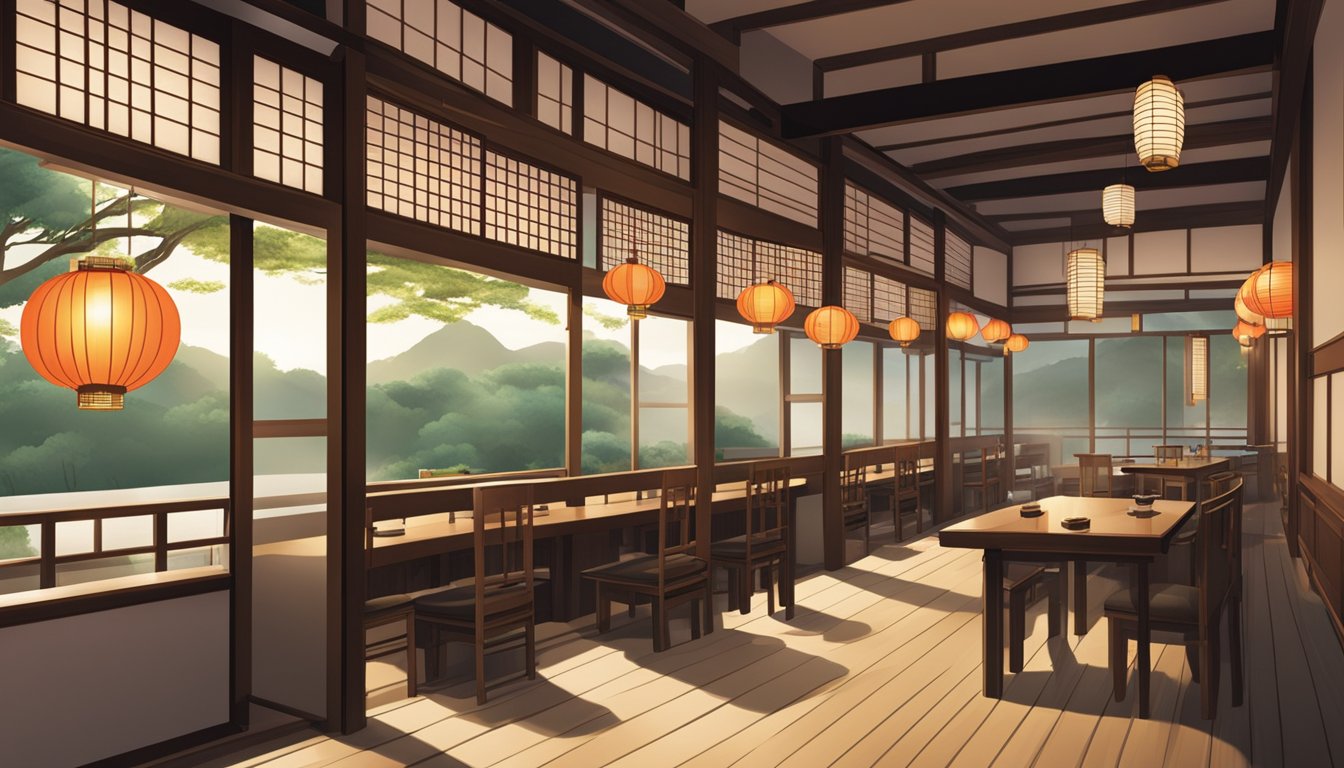 A traditional Japanese restaurant with sliding doors, low tables, and paper lanterns