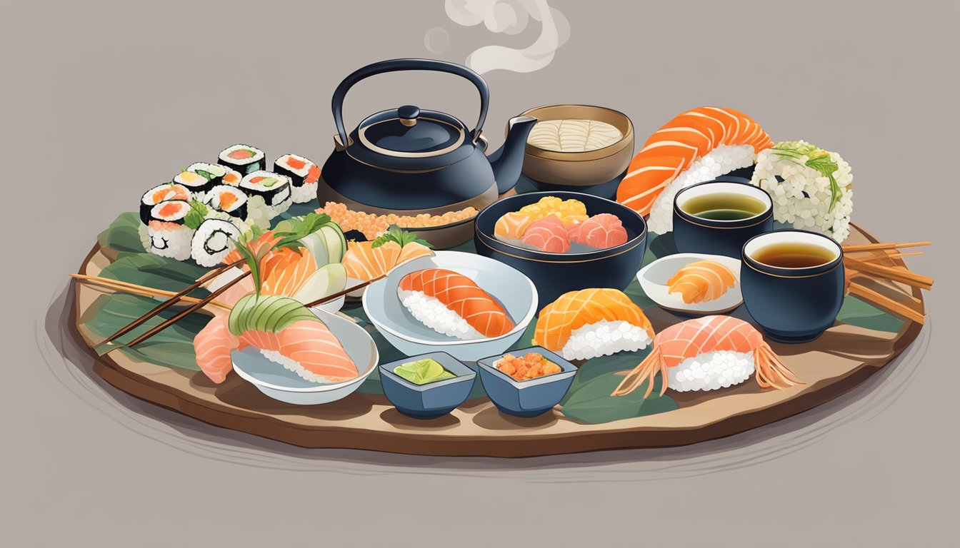 A table set with colorful, artfully arranged sushi, sashimi, and tempura. Steam rises from a bowl of miso soup, and delicate tea cups sit beside a traditional teapot