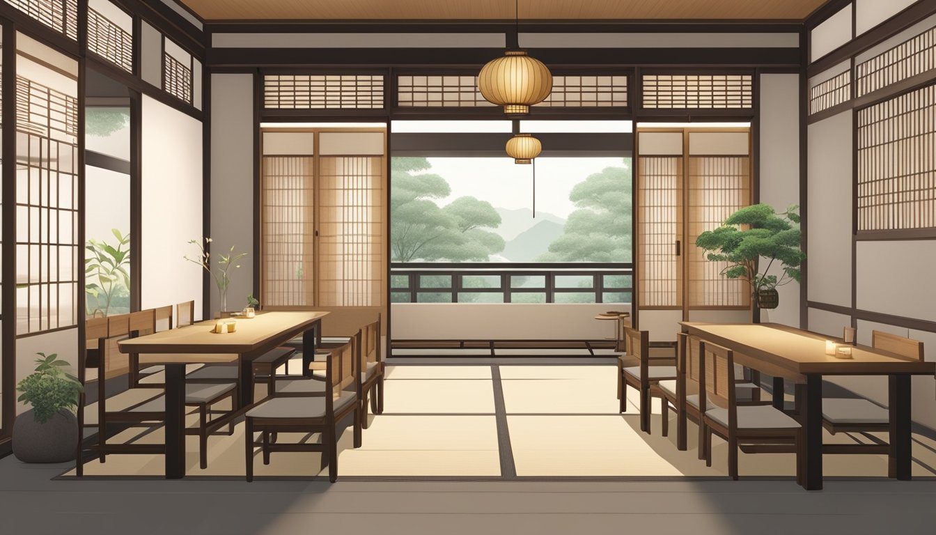 The traditional jidai restaurant exudes a serene ambiance with paper lanterns, wooden sliding doors, and a tranquil garden. The minimalist aesthetic is highlighted by tatami mats, bamboo accents, and a subtle color palette