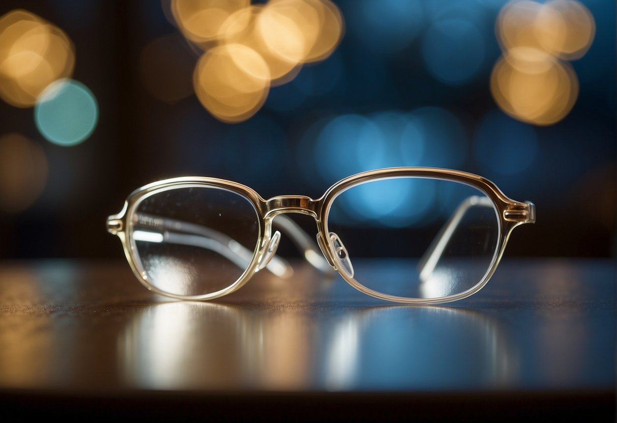 A pair of eyeglasses sitting on a table, with light bending through the lenses to show a distorted view of the objects behind them