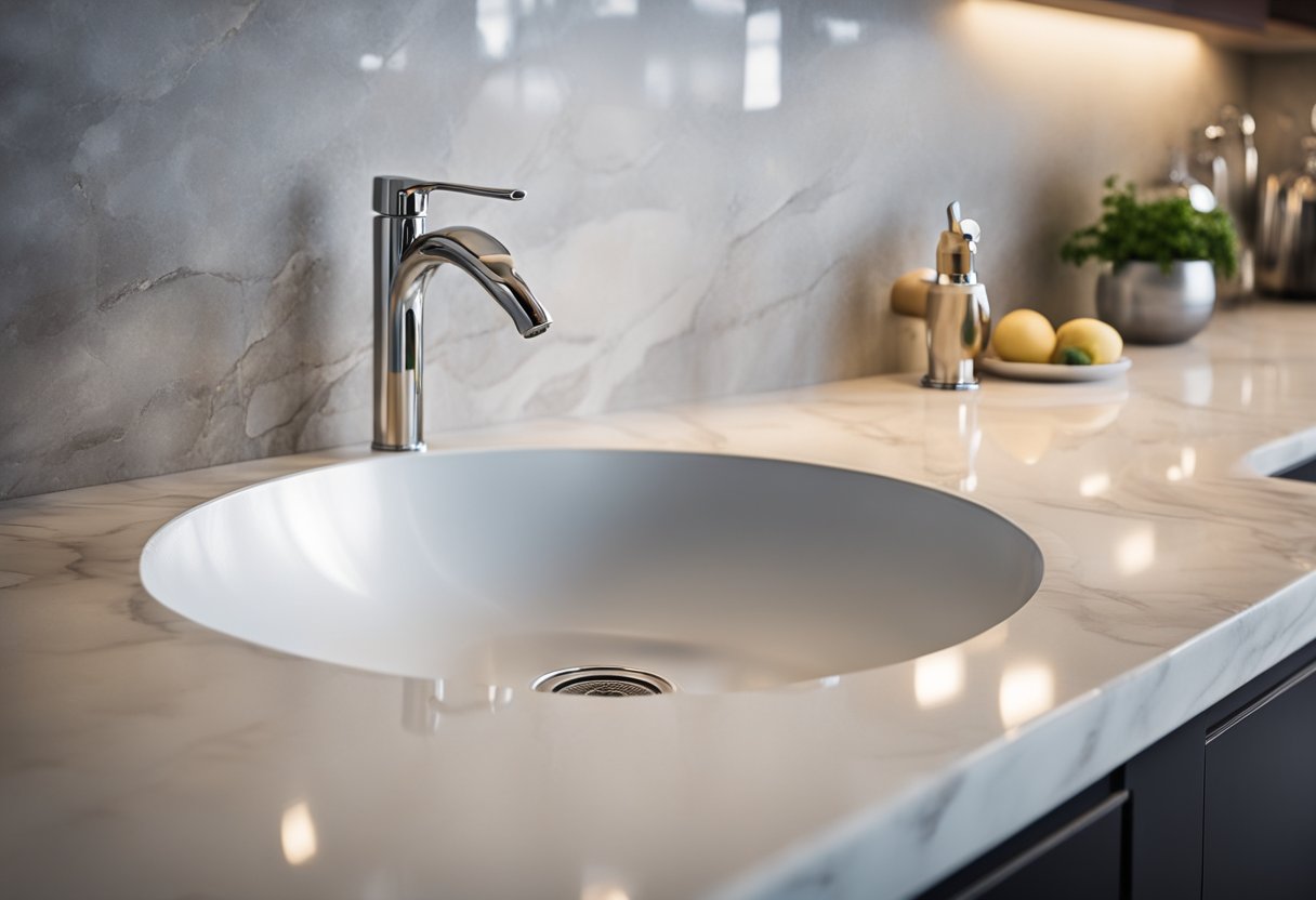 A sleek, modern kitchen basin with a chrome faucet and deep, rectangular sink set against a backdrop of light-colored, marble countertops