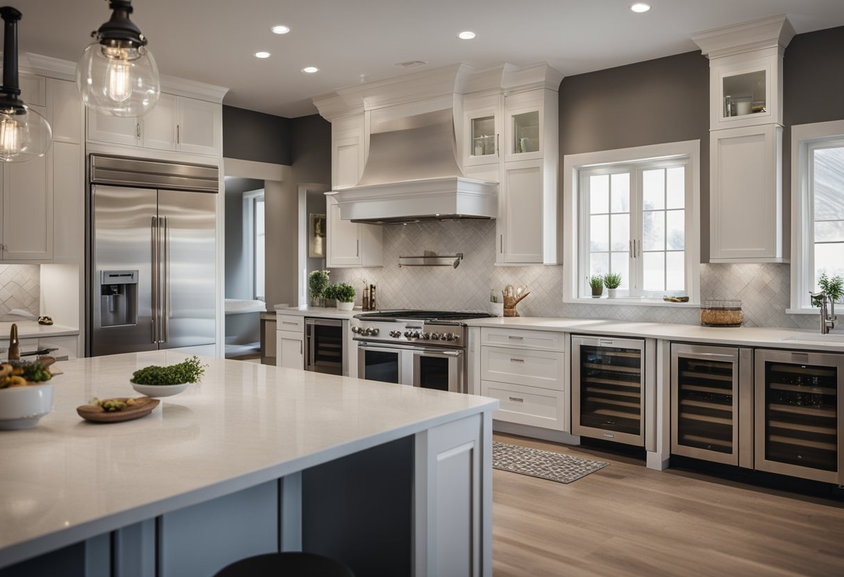 A spacious kitchen island with sleek pillars and modern design