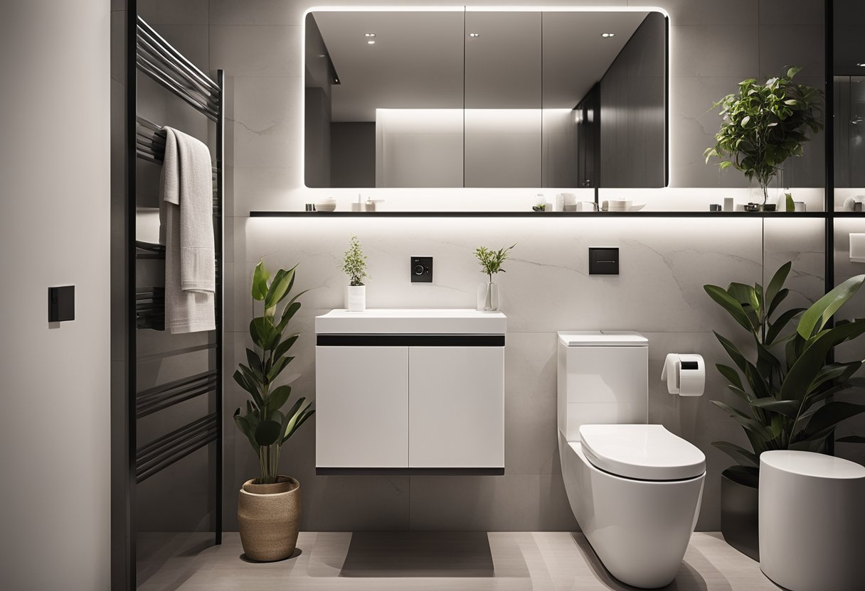The sleek, modern toilet design features clean lines, durable materials, and efficient fixtures for a stylish and functional space