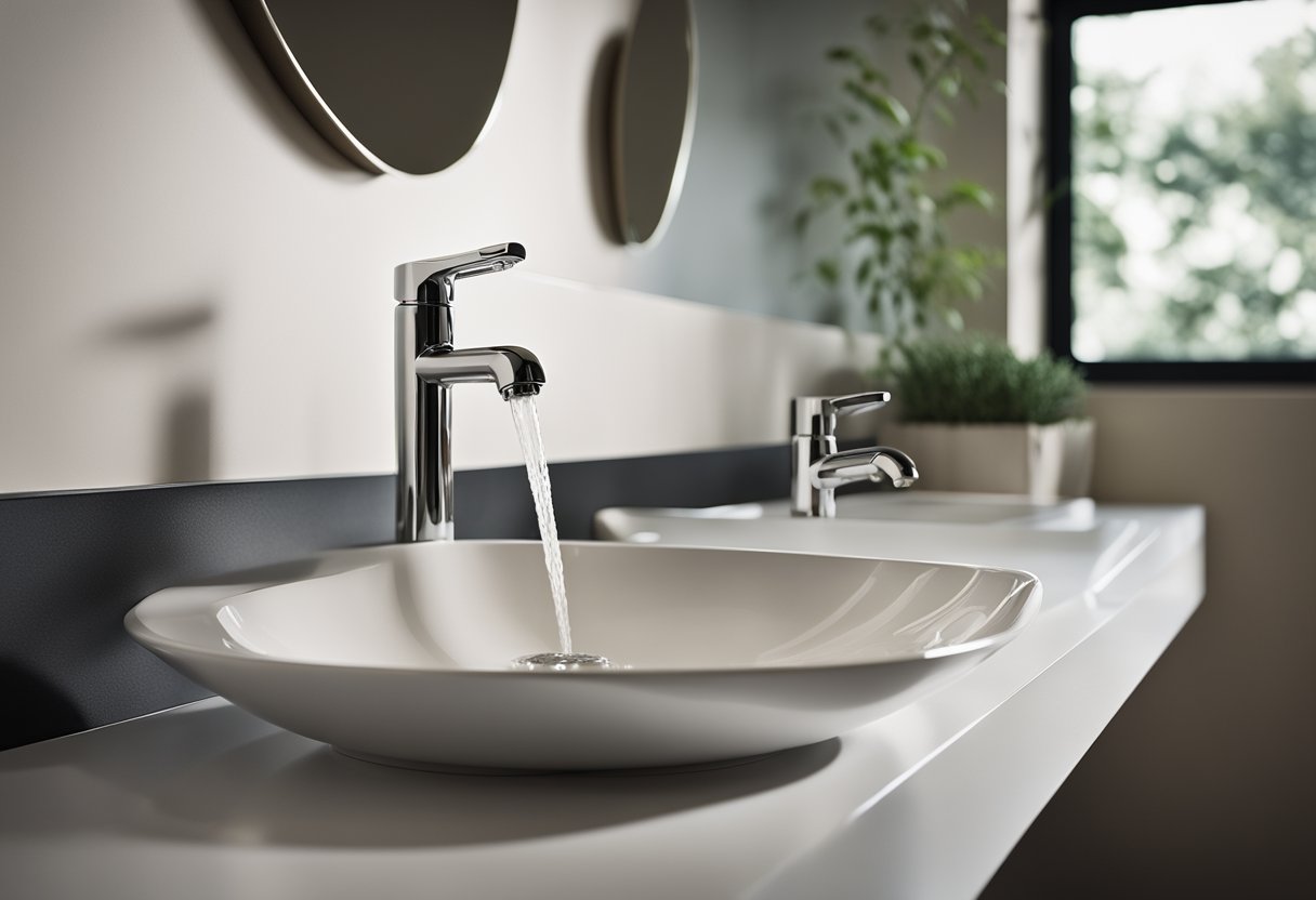 A sleek, deep basin with rounded edges and a single, high-arc faucet. The basin is positioned within easy reach of the countertop and features a built-in soap dispenser