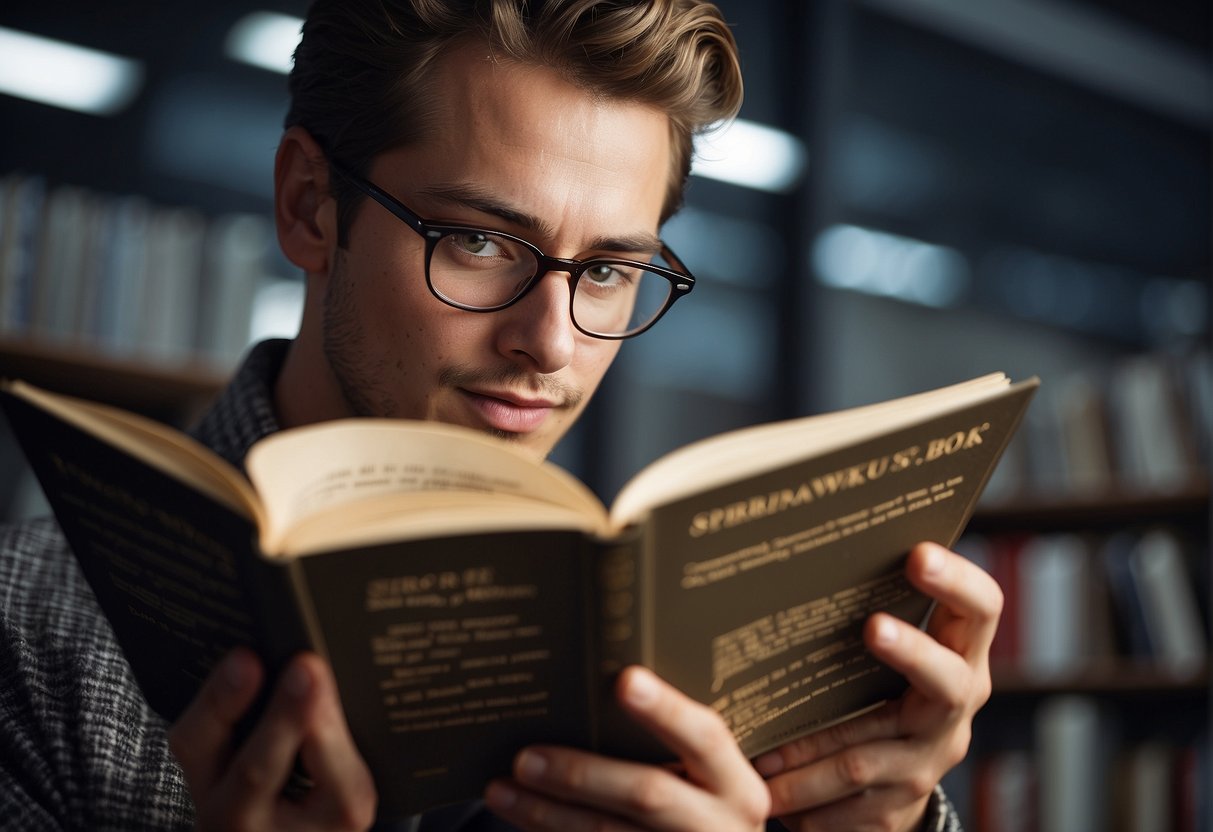 A person holding glasses, struggling to read a book with blurred text