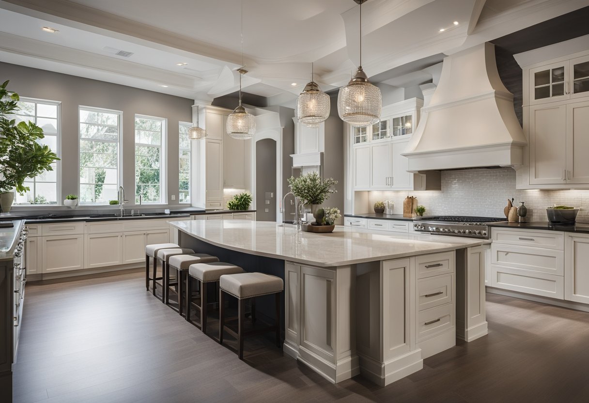 A spacious kitchen with a central island featuring decorative pillars, surrounded by sleek countertops and modern appliances