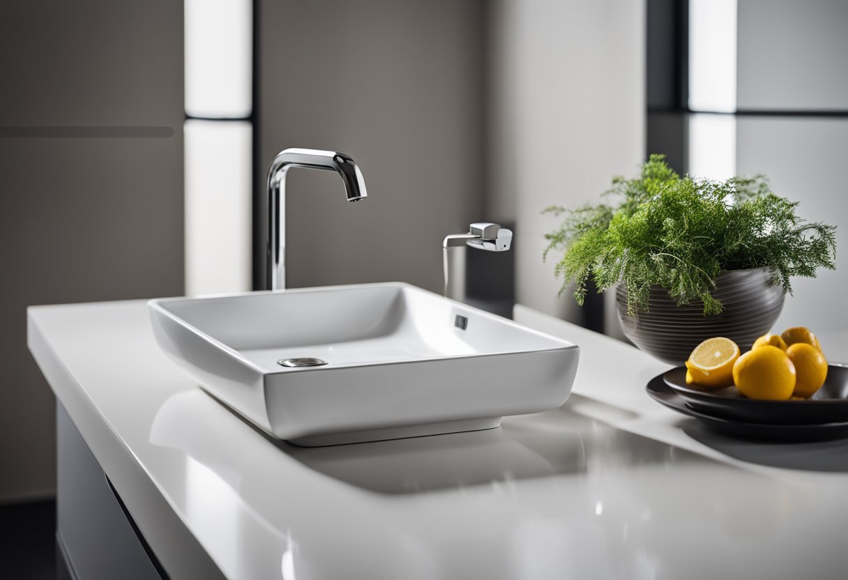 A modern kitchen basin with sleek, minimalist design, featuring a deep, rectangular basin and a high-arc faucet