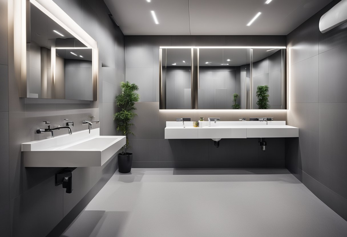 The factory toilet features a modern, sleek design with clean lines and bright lighting. The space is well-organized, with separate areas for sinks, stalls, and hand dryers