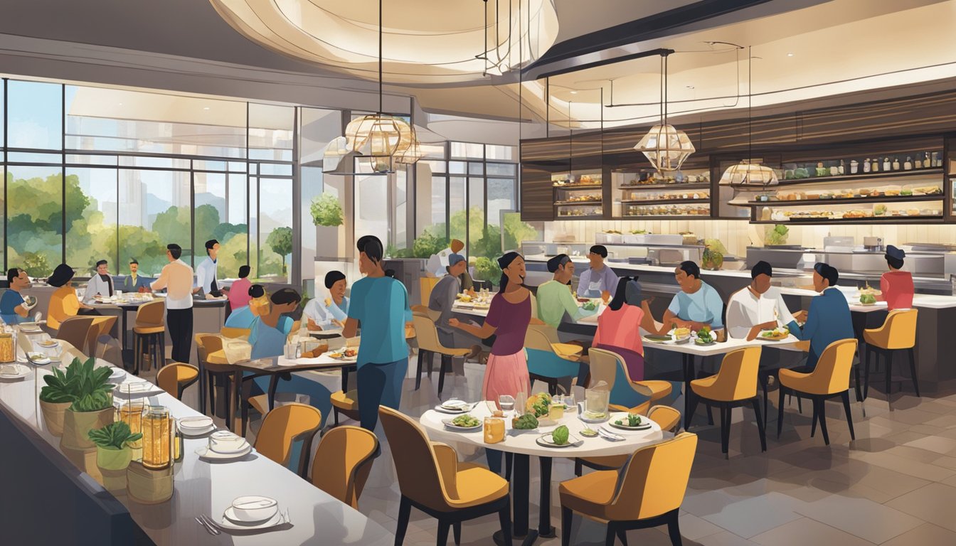 Customers enjoying a variety of cuisines at One North's bustling restaurant scene. Chefs prepare dishes in open kitchens, while diners savor their meals at stylish tables