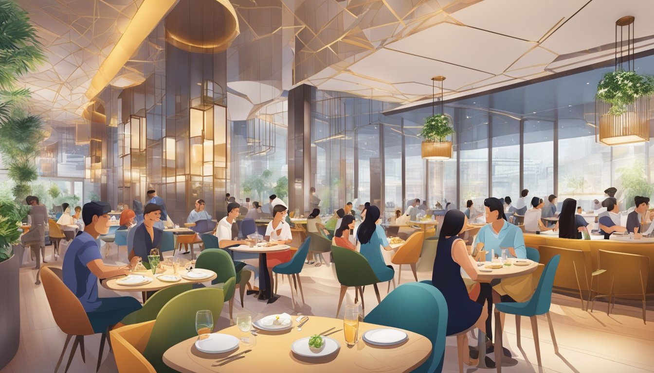 A bustling restaurant at Ion Orchard, with diners enjoying their meals and waitstaff attending to tables. The ambiance is lively and inviting, with colorful decor and a modern interior design
