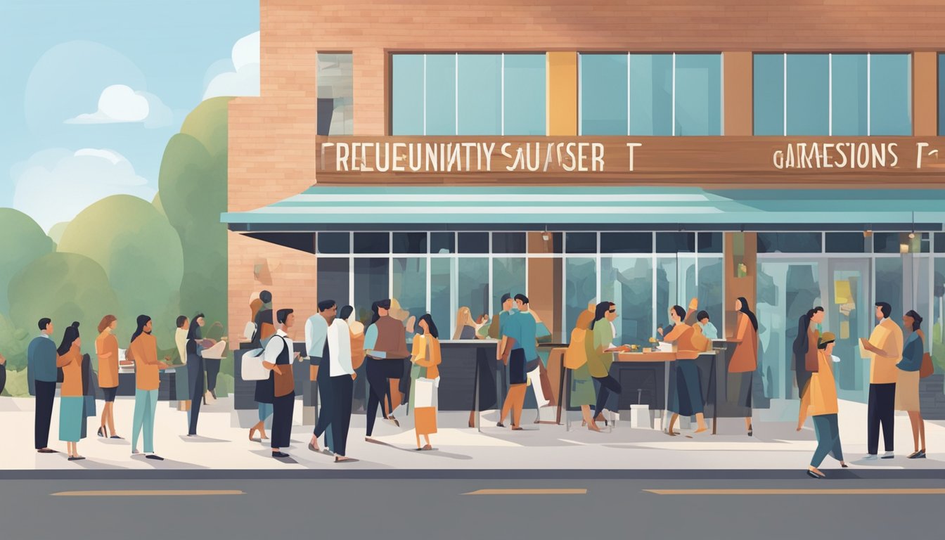 Customers line up outside a modern restaurant with a sleek exterior. A large sign reads "Frequently Asked Questions" in bold letters. The scene is bustling with people and the aroma of delicious food