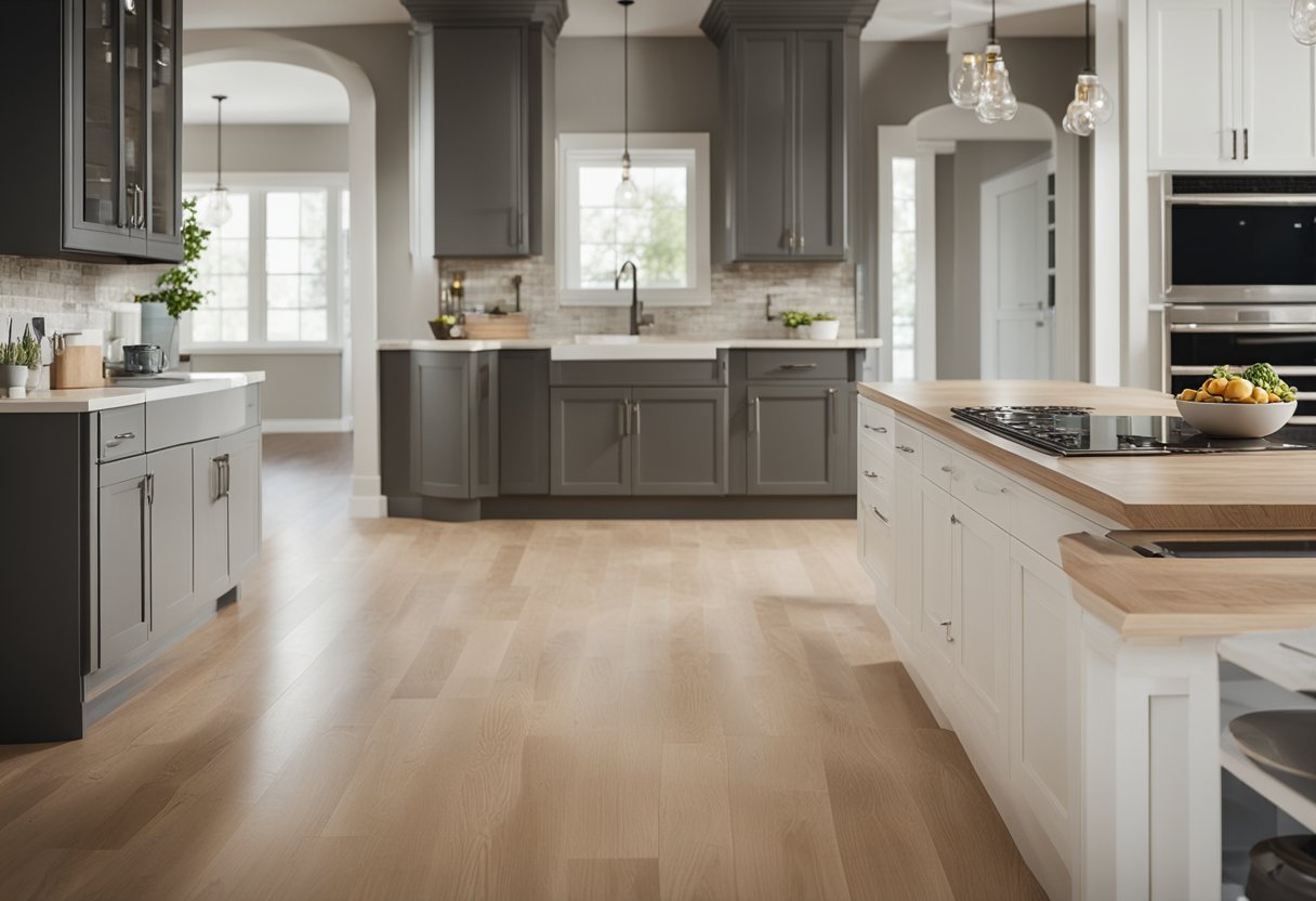 A kitchen being renovated with new cabinets, countertops, and appliances. The walls are being painted, and the flooring is being replaced