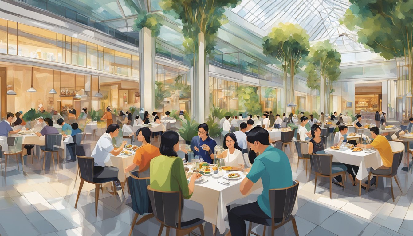 The restaurant at National Gallery Singapore bustles with diners enjoying a variety of cuisines, surrounded by modern decor and vibrant artwork