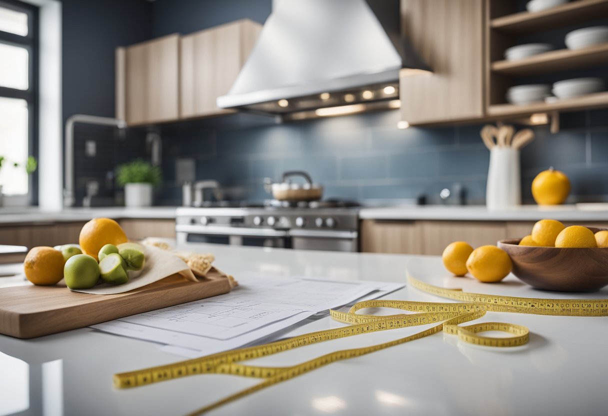 A kitchen with measuring tape, blueprints, and samples. Cost estimates on a table. Bright light and clean surfaces