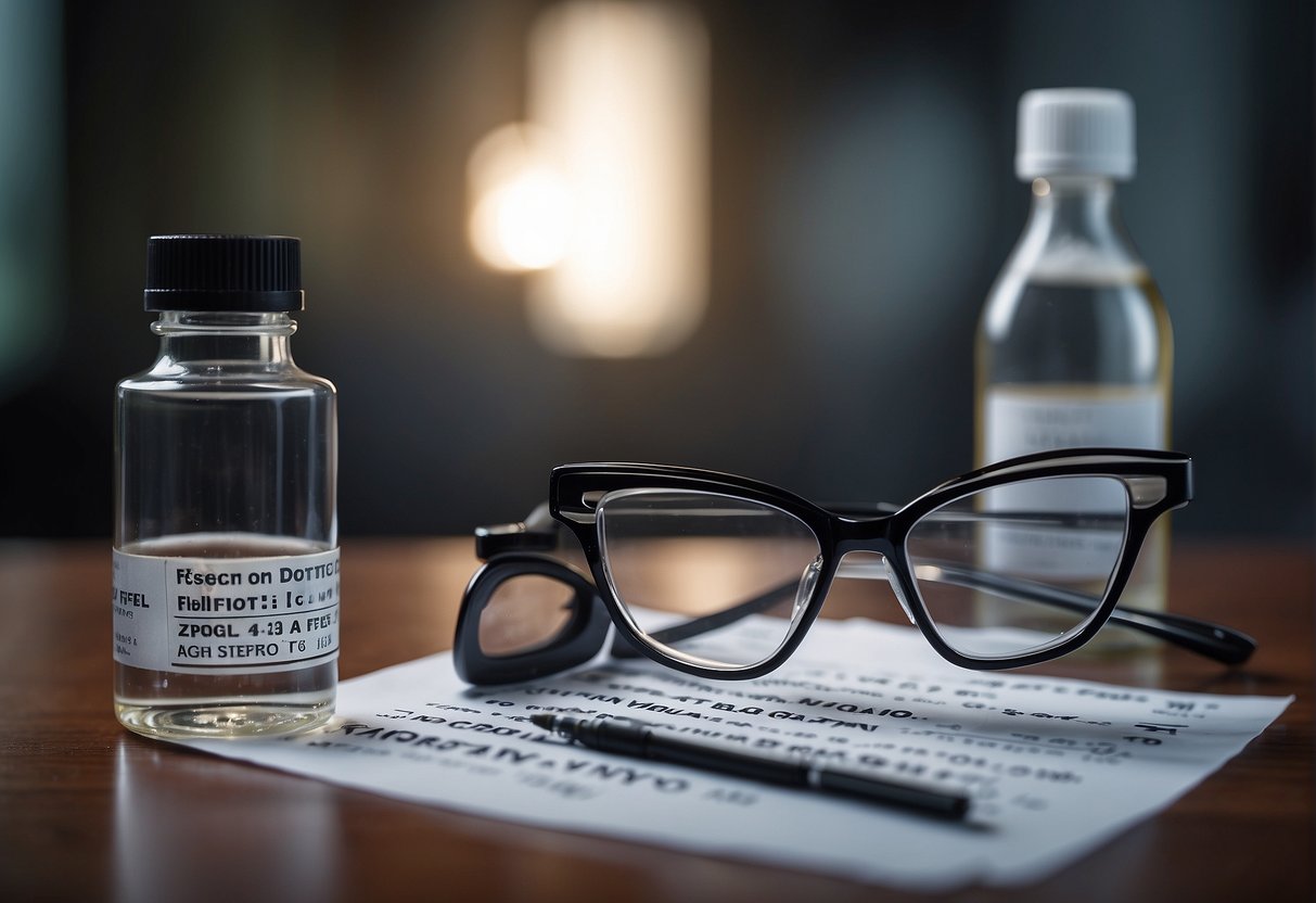 Blurry vision: A pair of glasses lying on a table next to a bottle of eye drops and a vision chart on the wall