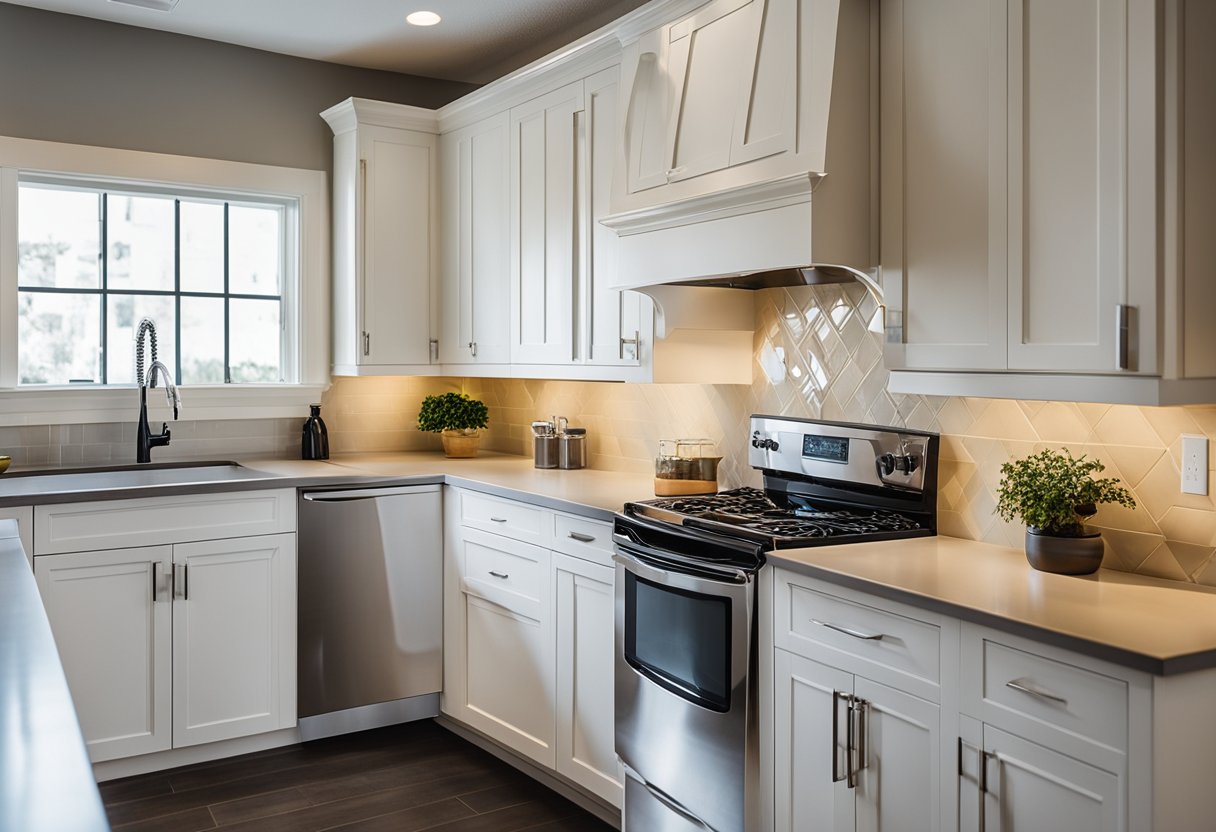 A kitchen with updated appliances, new countertops, and fresh paint. Budget considerations are visible, such as cost breakdowns and material samples