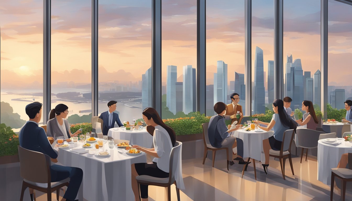 People enjoying meals in a modern restaurant at National Gallery Singapore, with elegant decor and large windows overlooking the city skyline