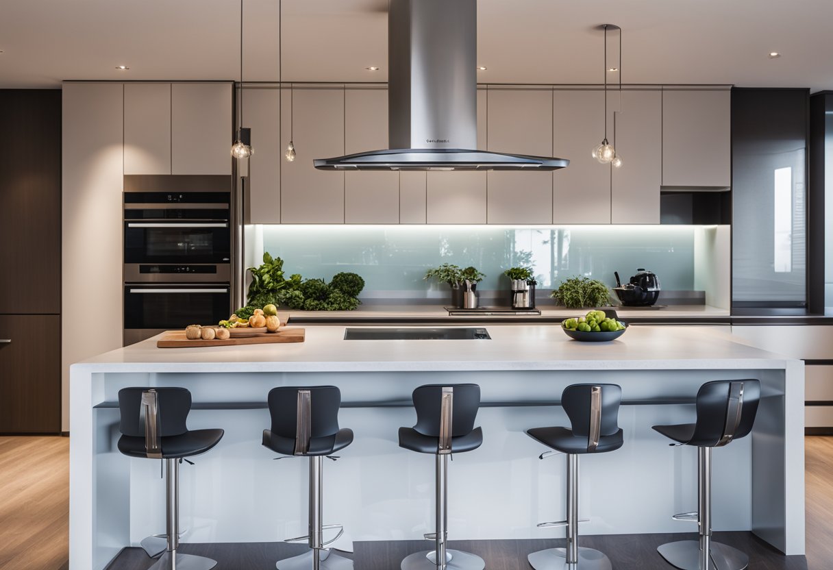 A modern kitchen island with sleek pillars and integrated FAQ display