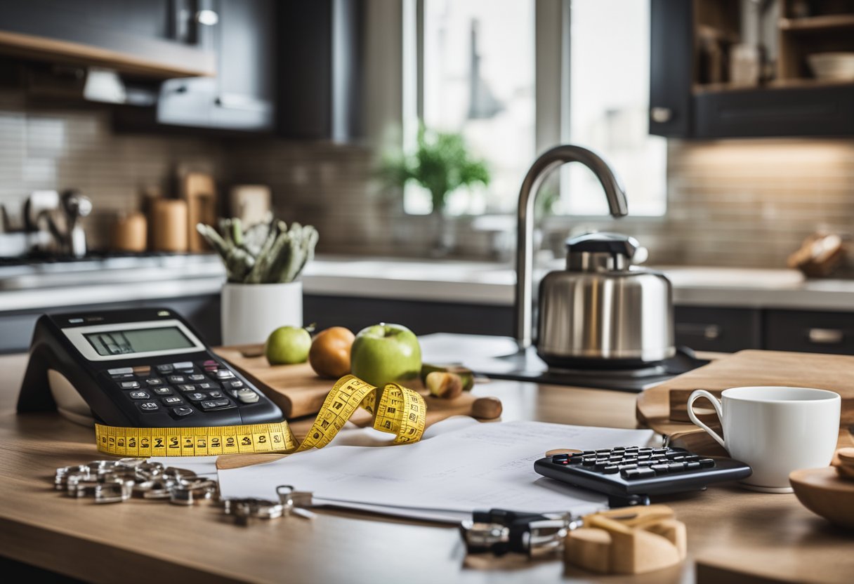 A kitchen with modern appliances and fixtures, measuring tape and budget spreadsheet on the counter, contractor's tools nearby