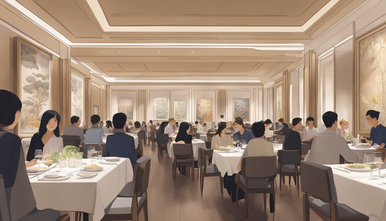 The bustling restaurant at National Gallery Singapore features a modern, elegant design with warm lighting and stylish decor. Patrons enjoy their meals while admiring the stunning artwork on display