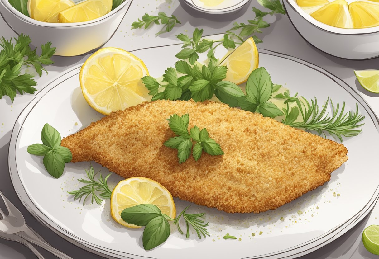 A golden-brown fillet of fish coated in crispy breadcrumbs, surrounded by fresh herbs and lemon wedges on a clean white plate