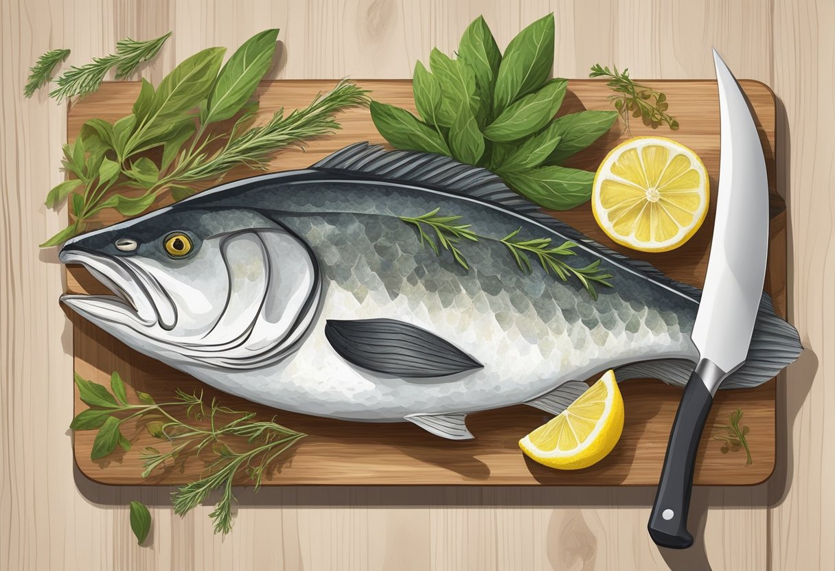A cod fish lies on a wooden cutting board surrounded by fresh herbs, lemon slices, and spices. A chef's knife and a bowl of olive oil are nearby