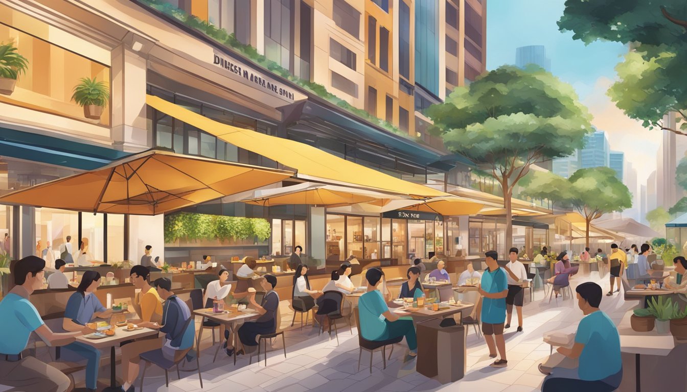 Vibrant Ngee Ann City restaurants bustling with diners, outdoor seating, and diverse cuisines