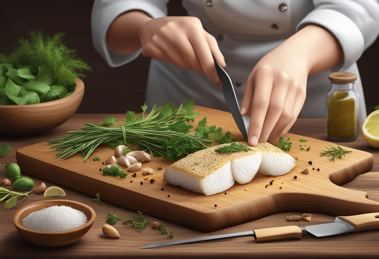 A chef seasoning a fresh cod fillet with herbs and spices on a wooden cutting board