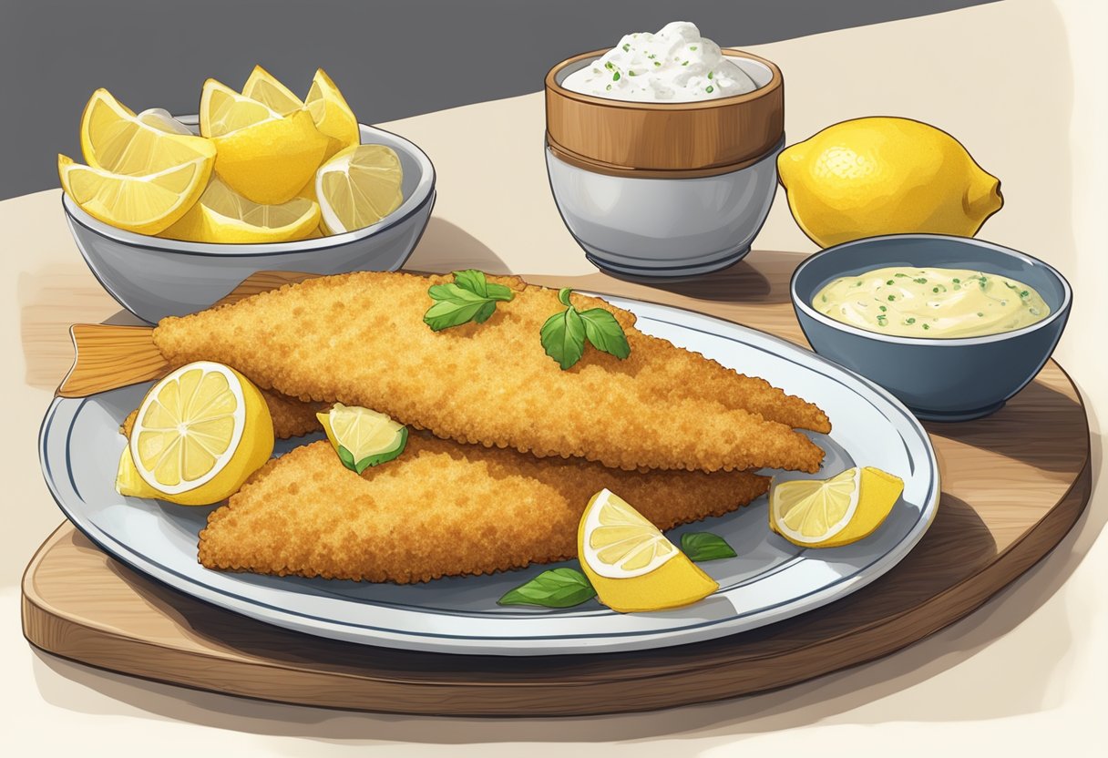 A plate of golden-brown breaded fish sits next to a pile of freshly sliced lemons and a small bowl of tartar sauce