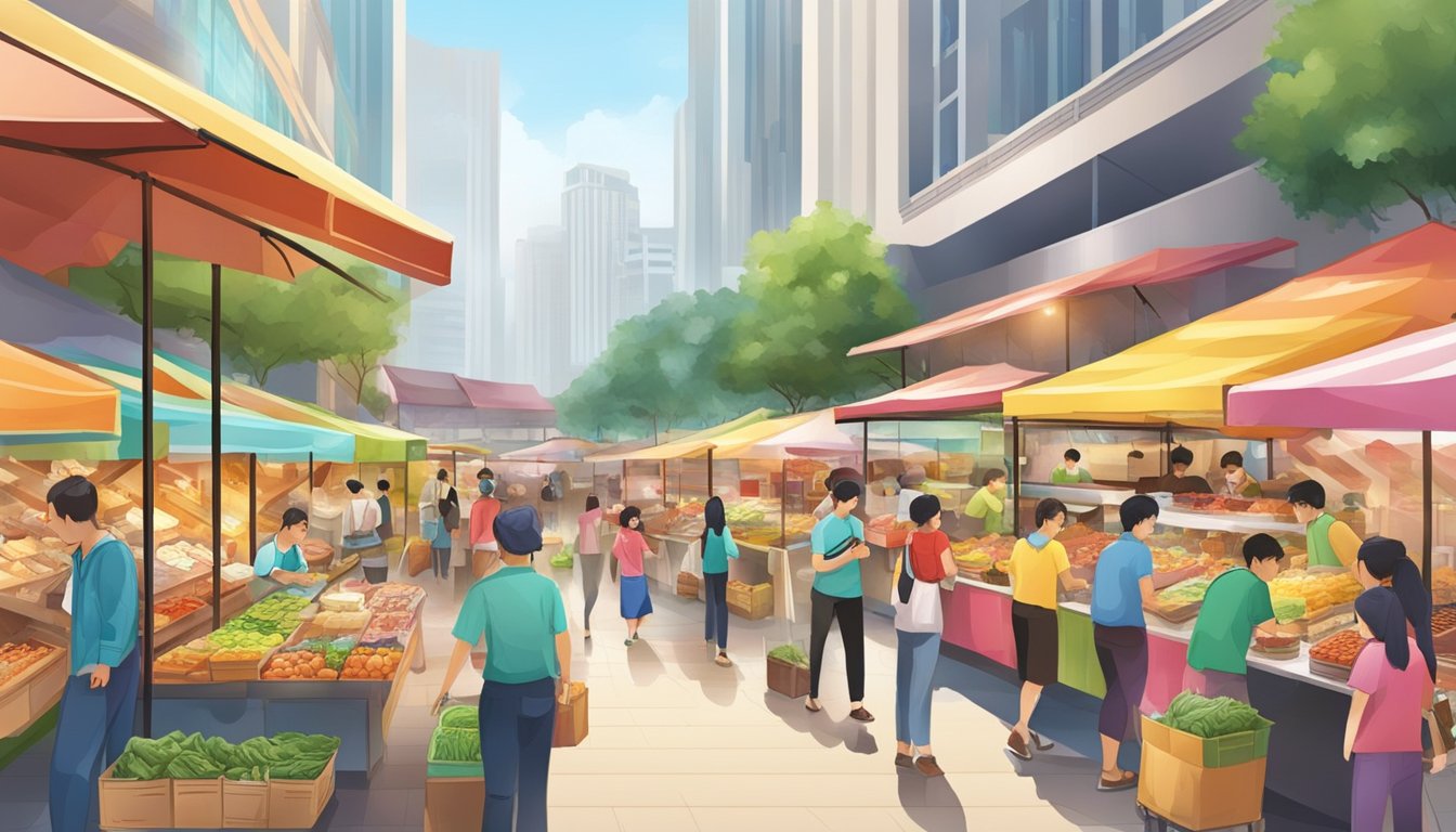 A bustling food market at Ngee Ann City, with colorful stalls offering a variety of gastronomic delights to eager customers